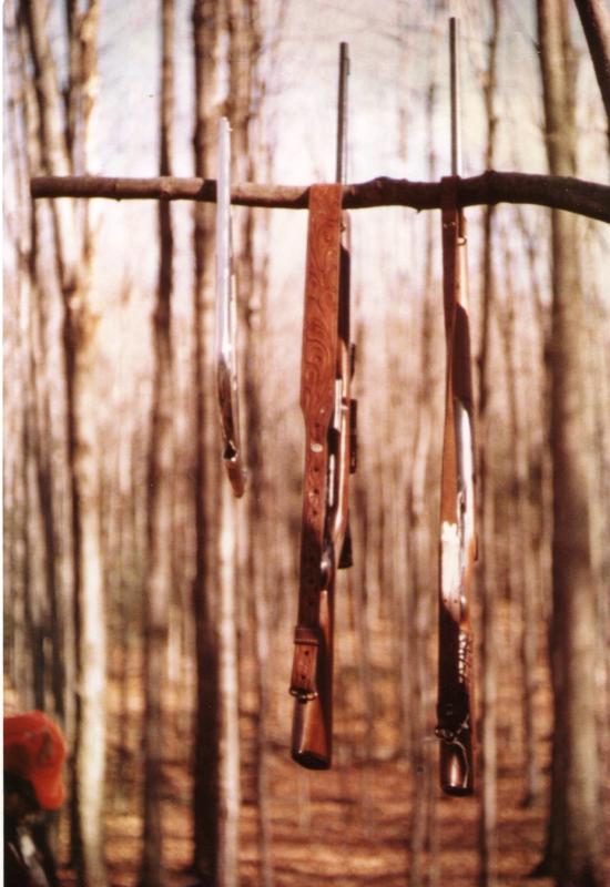 Rifles hanging on a branch during our 1971 hunting trip in Canada