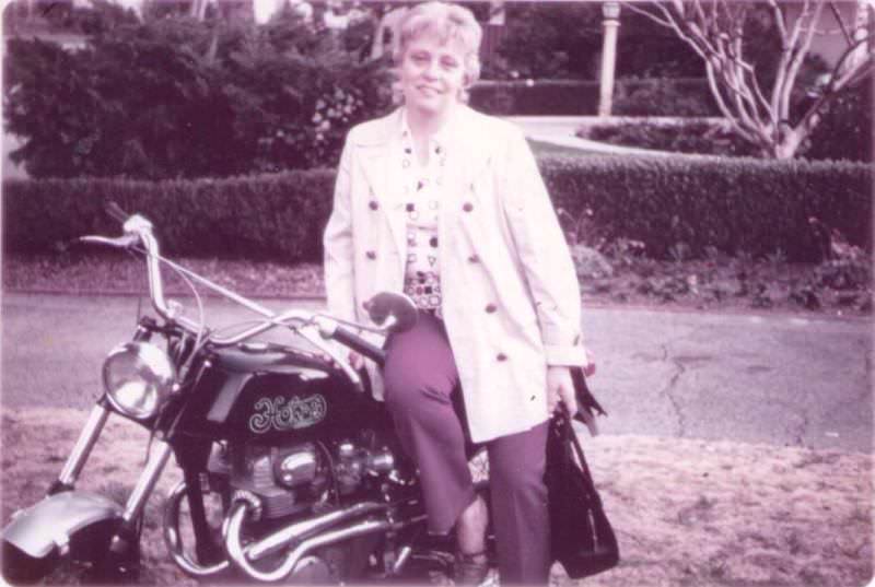 Gregg's mom on the motorcycle that his dad sold for him